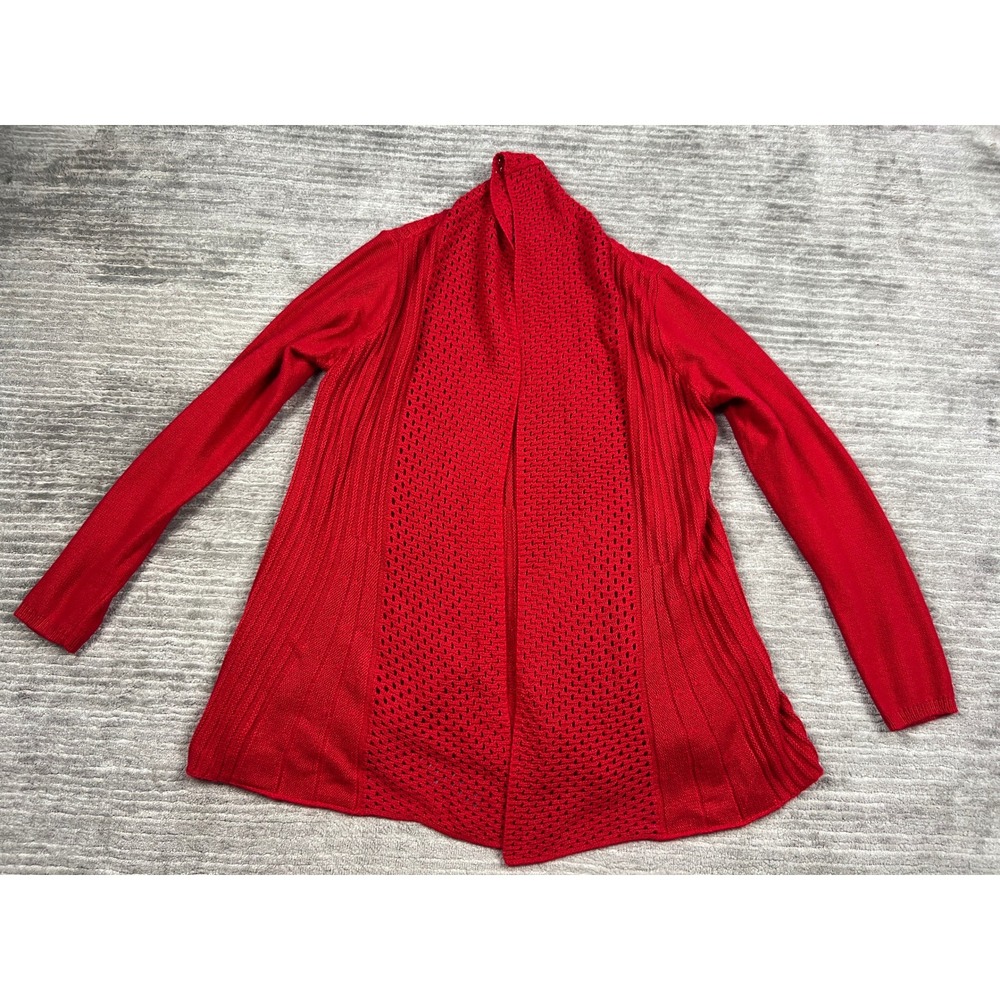Kim Rogers Cardigan Womens L Red Open Front Ribbed Crochet Draped Sweater 30861